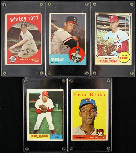 1958-68 Ernie Banks Whitey Ford Eddie Mathews Steve Carlton Robin Roberts Topps Baseball Trading Cards - Lot of 5