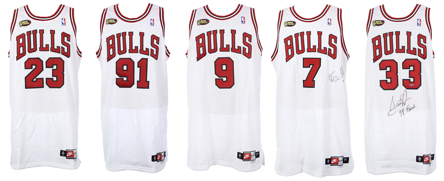 1998 Chicago Bulls Team Issued NBA Finals Home Jerseys - Lot of 5 w/ Michael Jordan, Ron Harper, Scottie Pippen Signed, Dennis Rodman Signed & Toni Kukoc Signed (MEARS LOA/JSA) 