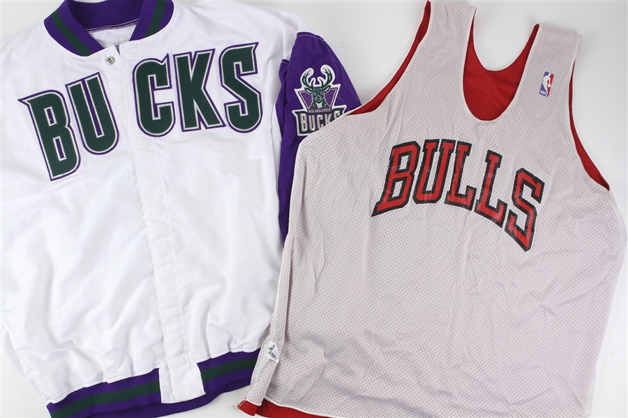 1990s Chicago Bucks Milwaukee Bucks Apparel Collection - Lot of 2 w/ Warm Up Jacket & Reversible Practice Jersey (MEARS LOA)