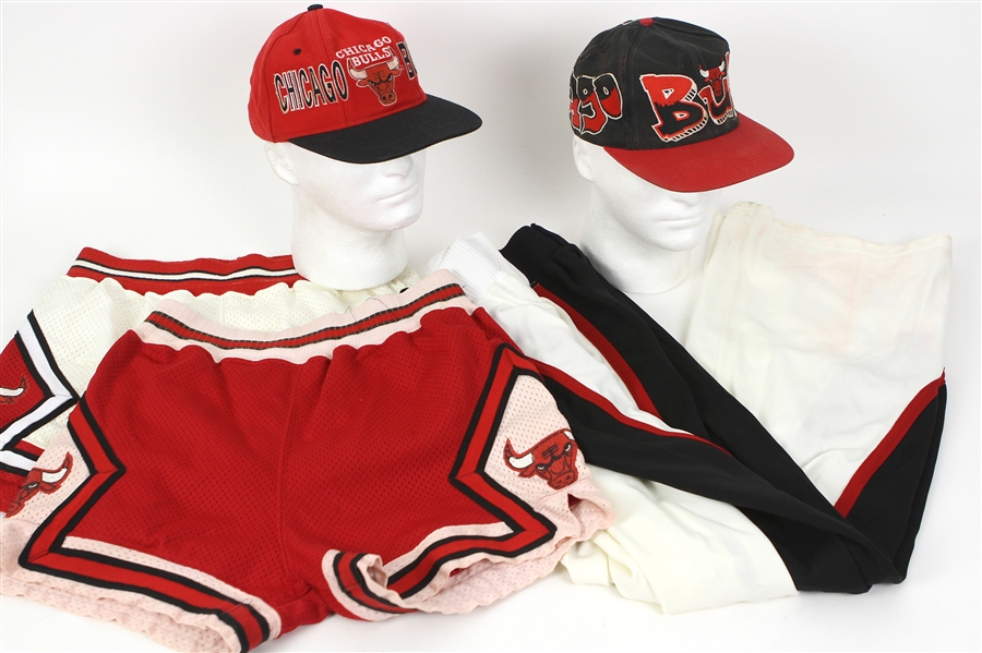 1980s-90s Chicago Bulls Apparel Collection - Lot of 5 w/ Uniform Shorts, Snap Away Warm Up Pants & Hats (MEARS LOA)