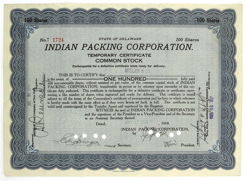 1919 Indian Packing Company (Green Bay Packers) Stock Certificate