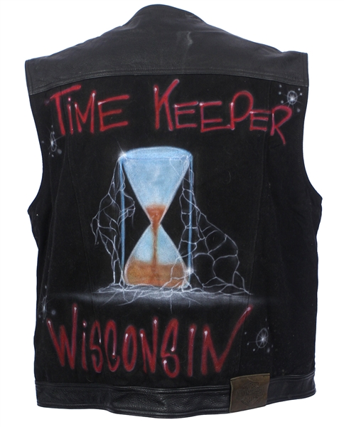 1990s-2000s Time Keeper Wisconsin Leather Harley Davidson Motorcycle Vest