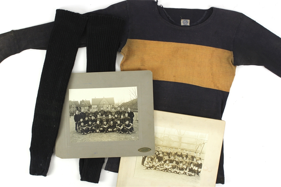 1916-17 Jack Markweiss Marquette Academy High School Football Memorabilia Collection - Lot of 4 w/ Matted Studio Photos, Game Worn Burghardt Athletic Goods Football Jersey & Socks (MEARS LOA)
