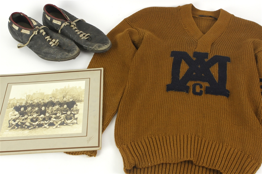 1919 Jack Markweiss Marquette Academy Football Memorabilia Collection - Lot of 3 w/ Matted Studio Photo, Sweater & Cleats (MEARS LOA)