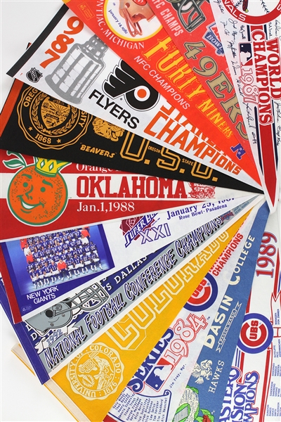 1970s-90s World Series Super Bowl NBA Champions Final Four Bowl Game Full Size Pennant Collection - Lot of 50