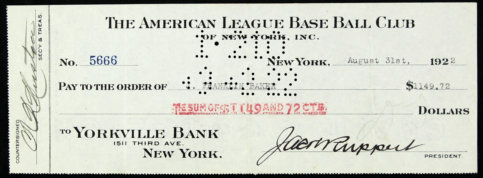 1922 Frank "Home Run" Baker Jacob Ruppert New York Yankees Dual Signed Payroll Check (JSA)