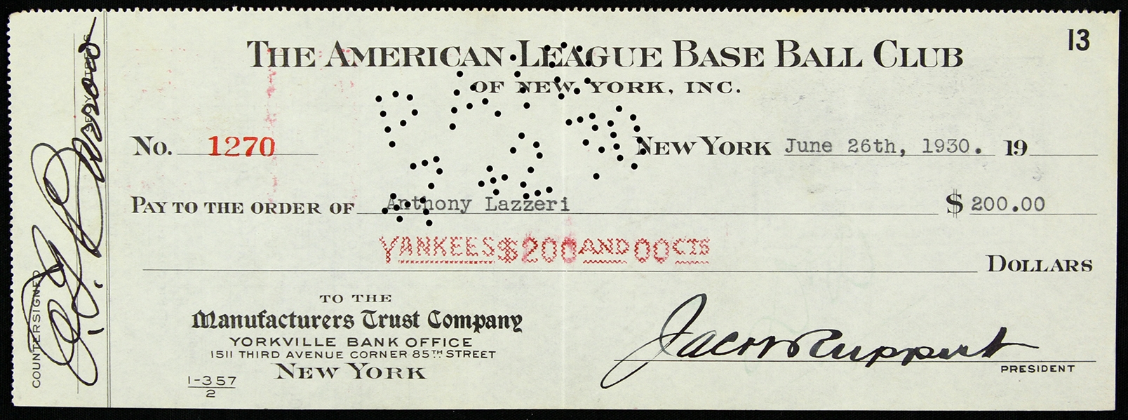 1930 Tony Lazzeri Jacob Ruppert Ed Barrow New York Yankees Signed Check (JSA)