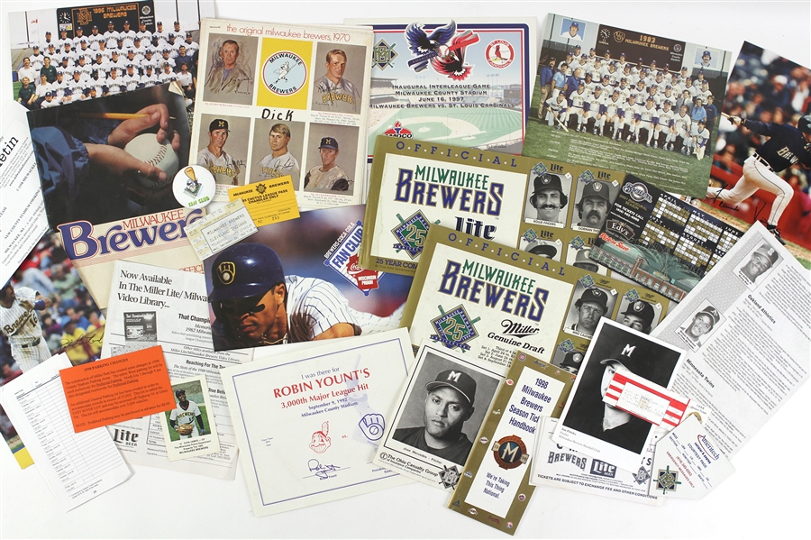 1970s-2000s Milwaukee Brewers Memorabilia Collection - Lot of 30 w/ Trading Cards, Photos, Publications & More