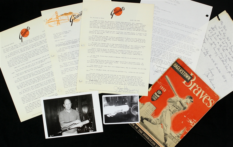 1950-89 Willie Mays Memorabilia Collection - Lot of 6 w/ Scored 1950 Trenton Giants Game Program, Correspondence from Scout John Schwarz & More 
