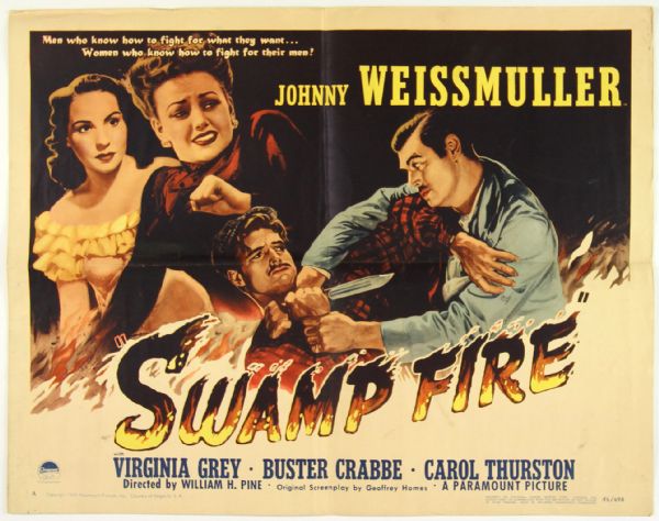1946 Swamp Fire Johnny Weissmuller / Buster Crabbe 22”x28” Half Sheet Movie Poster
