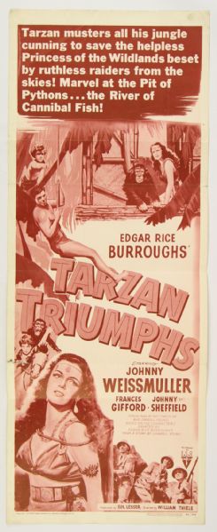 1949 Tarzan Triumphs Johnny Weissmuller 14”x36” Insert Movie Poster