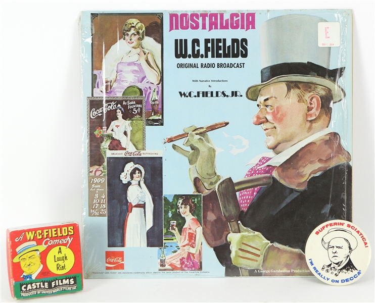 1940s WC Fields Memorabilia Collection - Lot of 3 w/ Nostalgia Album, The Great Chase 8 MM Film Reel & Pinback Button