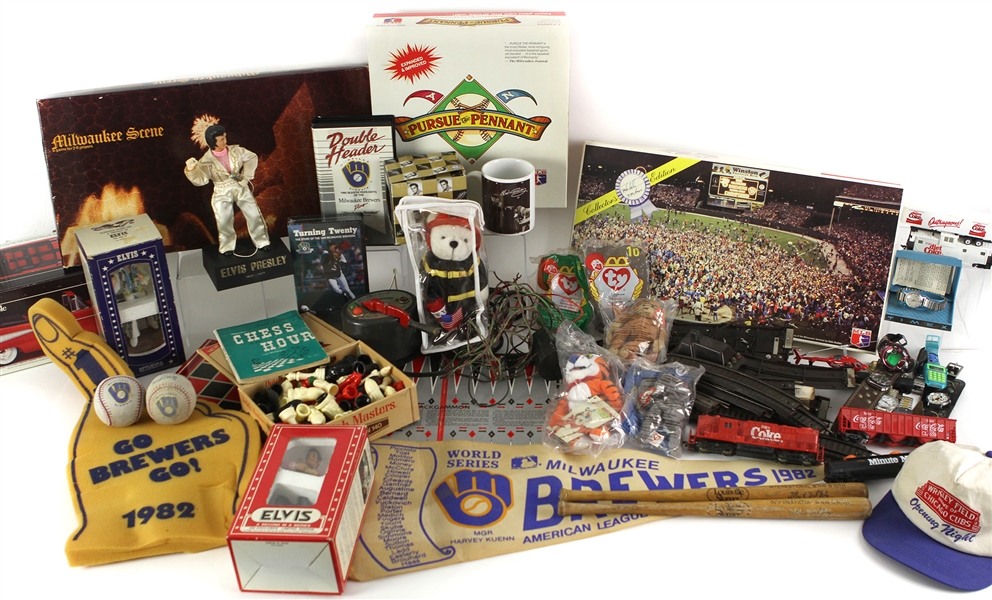 1970s-90s Baseball Football American Memorabilia Collection - Lot of 100+ w/ Vintage Beer Cans, Elvis Presley, Model Trains, 1982 Brewers & More 