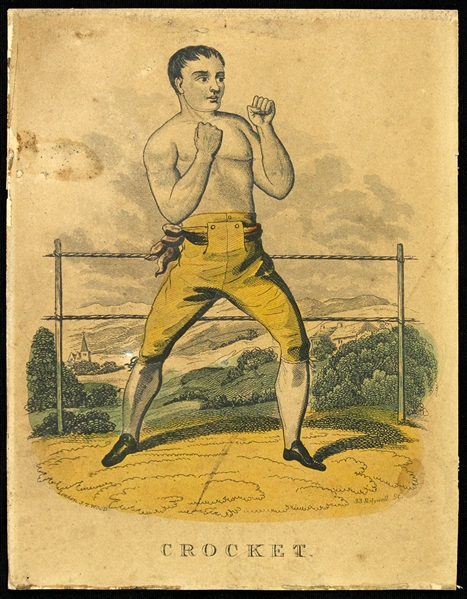 1850s George Crocket Bare Knuckle Boxer 4.5" x 6" Illustration Card w/ Cut Newspaper Account