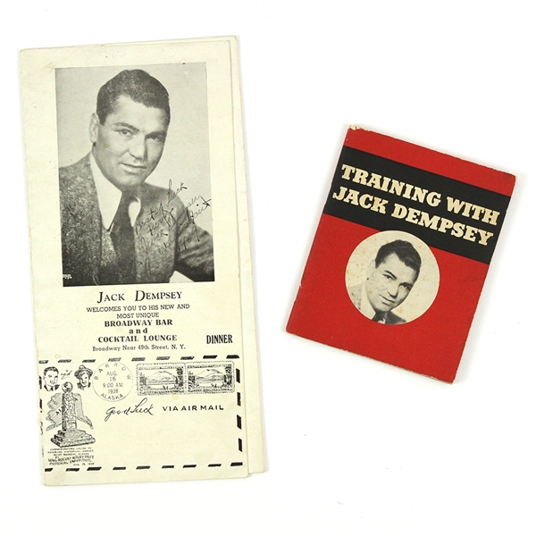 1936-39 Jack Dempsey World Heavyweight Champion Memorabilia - Lot of 3 w/ 3.75" x 4.5" Photo, "Training With" Booklet & Signed Menu w/ "1939 World Fair" Inscription (JSA)