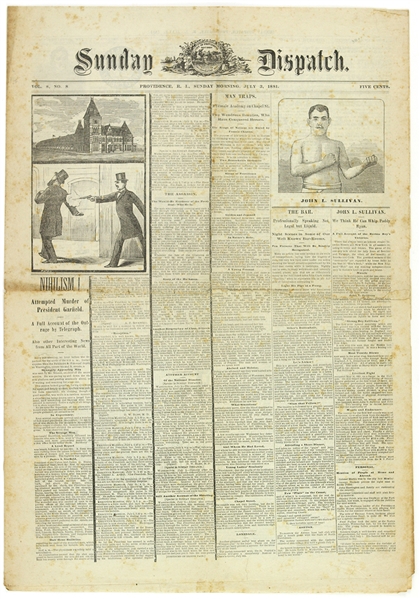 1881 John L Sullivan Sunday Dispatch 16”x22” Newspaper