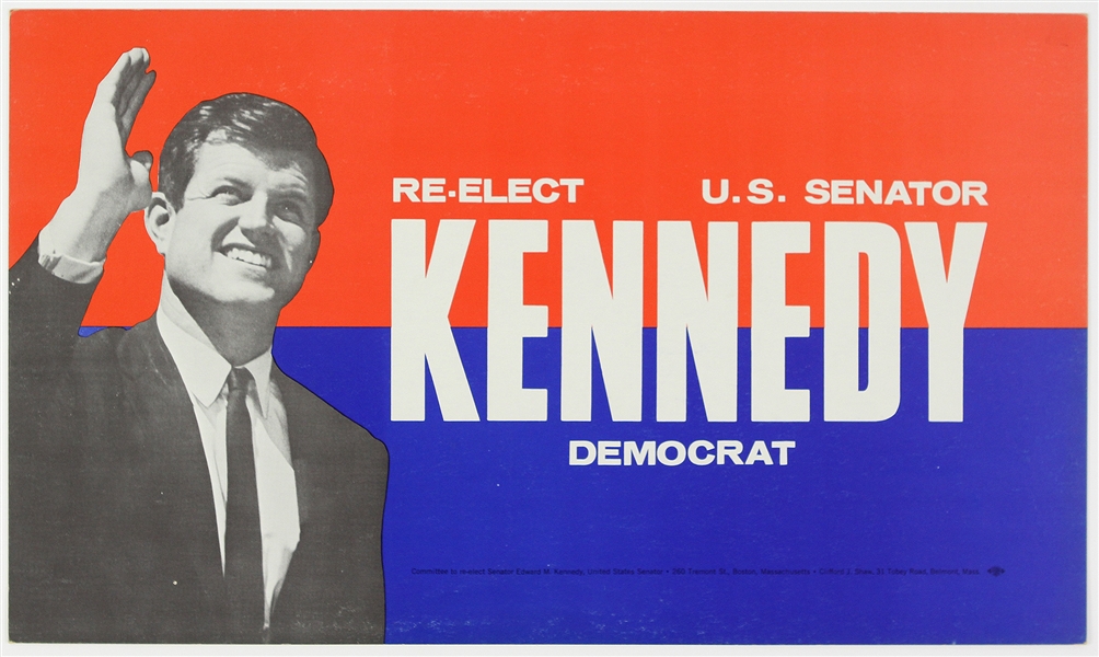 1968 Edward “Ted” Kennedy Re-Elect U.S. Senator Kennedy Democrat 12.75”x21.75” Poster  