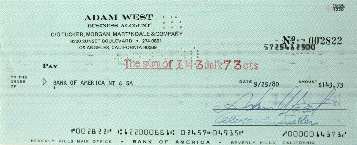 1966-68 Adam West Batman Signed Personal Check (JSA)
