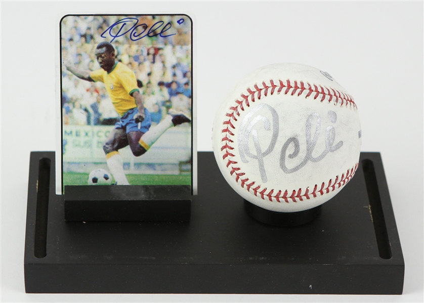 2000s Pele Brazil Soccer Display w/ Signed OML Selig Baseball & 1994 Calendar Card (PSA/DNA)