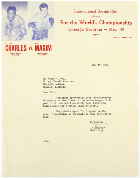 1951 Letter on International Boxing Club Letterhead Advertising for the World’s Championship Ezzard Charles vs Joe Maxim