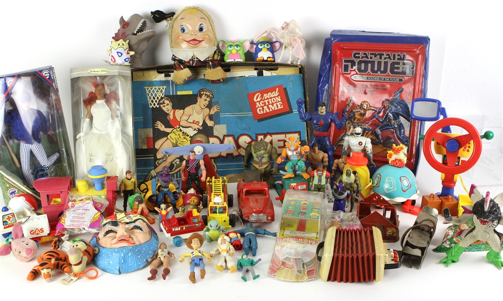1930s-2000s Toys and Board Games Including Eddie Cantor’s Tell It To The Judge Board Game, GI Joe Figurine, Barbie Figurine, McDonalds Happy Meal Toys and More.
