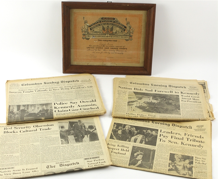 1963 & 1968 Columbus Sunday Dispatch & Columbus Evening Dispatch Newspapers with 13x16 U.S. War Savings Stamps Framed Certificate (Lot of 5)