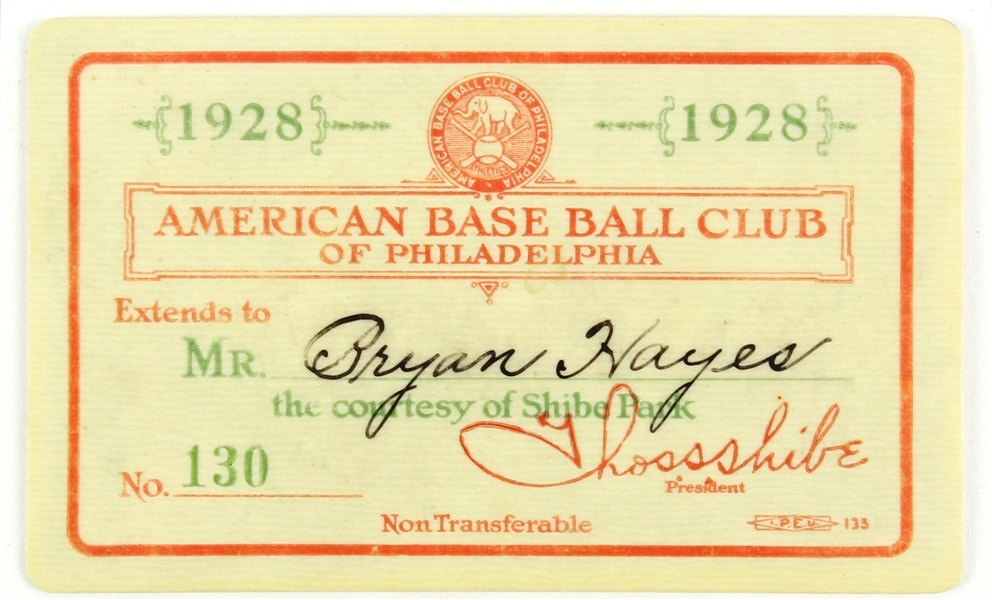 1928 American Baseball Club of Philadelphia 2 ½” x 3 ¾” Season Pass