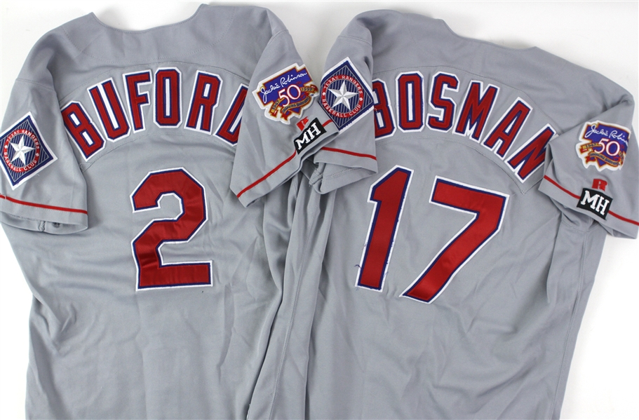 1997 Damon Buford and Dick Bosman Texas Rangers Team Issued Road Gray Jerseys (Lot of 2)(MEARS LOA)
