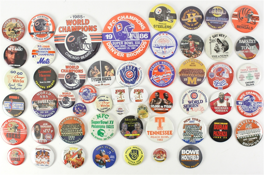 1980s Boxing, MLB, NFL, and NBA 1”-6” Pinback Button Lot (Lot of 53)