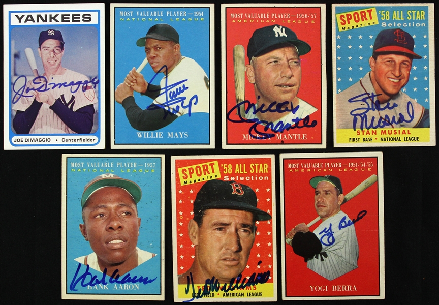 Lot of 7 Signed Baseball Cards Dimaggio, Mays, Berra, Mantle, Aaron, Williams and Musial (JSA)