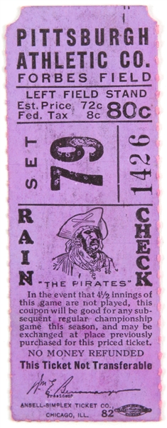 1950s Vintage 1 ¼” x 3 ½” Pittsburgh Athletic Club (Pirates) Rain Check Ticket
