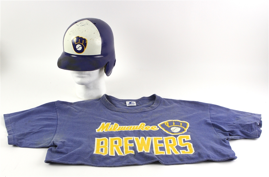 1980s Milwaukee Brewers Game Worn Batting Helmet Signed by Yount & 1980s Practice Shirt (JSA)
