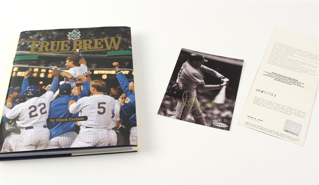 1993 True Brew Milwaukee Brewers Signed Book and 5" x 7" Robin Yount Signed Photo (JSA)