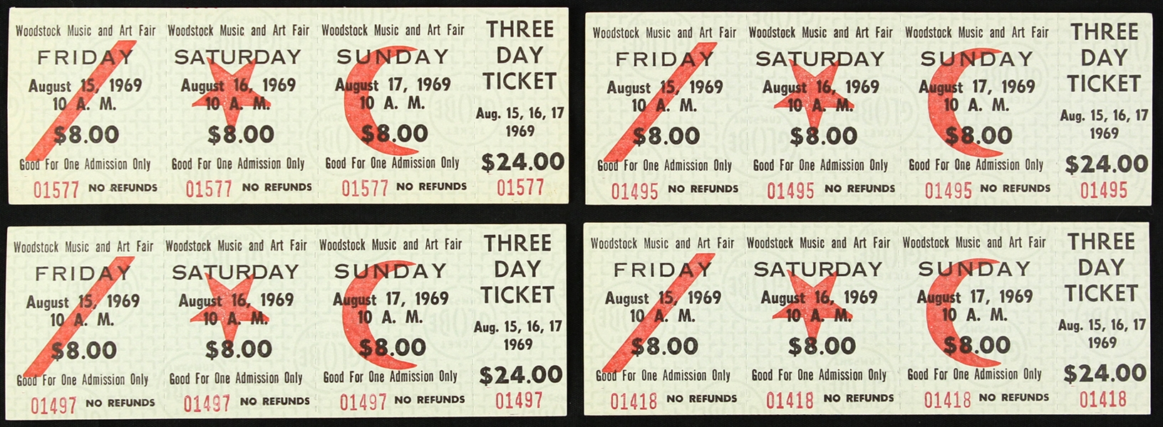 1969 Woodstock Unused 2”x6” Tickets (Lot of 4)