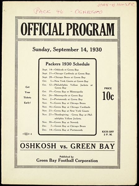 1930 Green Bay Packers -Oshkosh Official Program 
