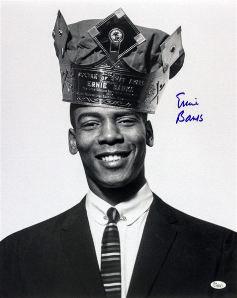 1958 Ernie Banks Chicago Cubs Signed LE 16x20 B&W Photo (JSA) "Wearing Babe Ruth Homerun Crown"
