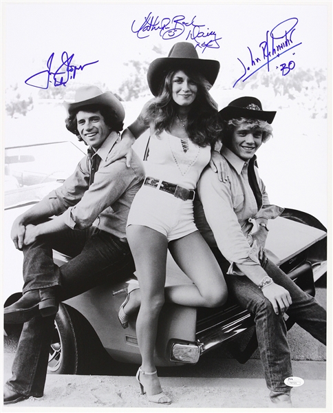 1979-1985 John Schneider Tom Wopat Catherine Bach on Car Dukes of Hazzard Signed 16x20 B&W Photo (JSA)