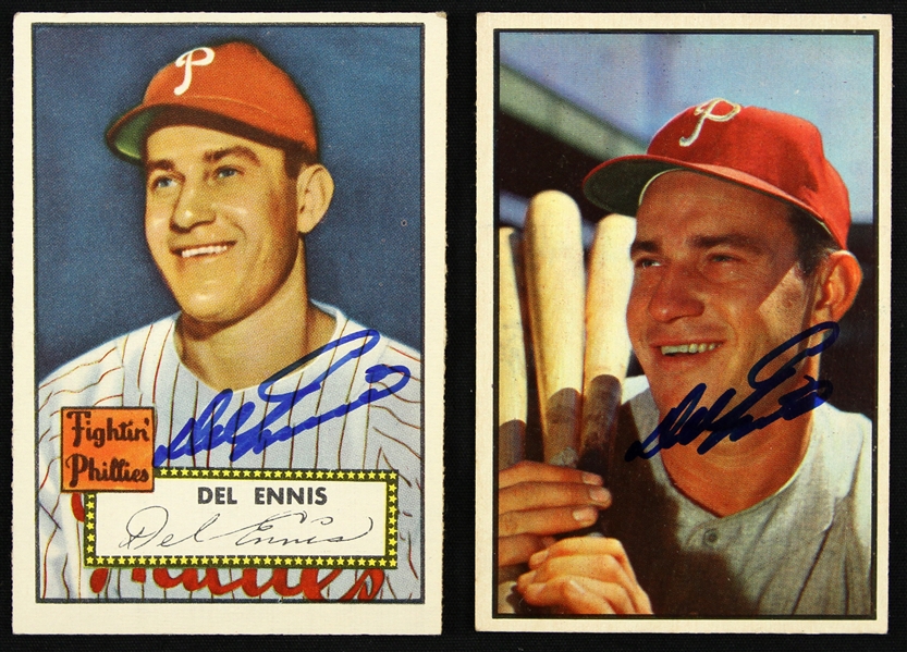 1952 Topps Del Ennis Signed Trading Cards (2) (JSA)