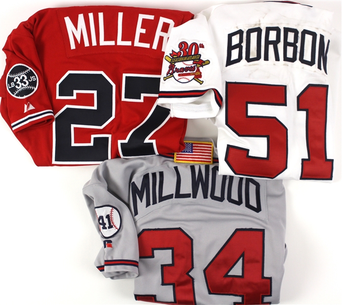 1995-2007 Atlanta Braves Game Used and Team Issued Jerseys Including Pedro Borbon, Kevin Millwood, and Corky Miller (Lot of 3) (MEARS LOA)