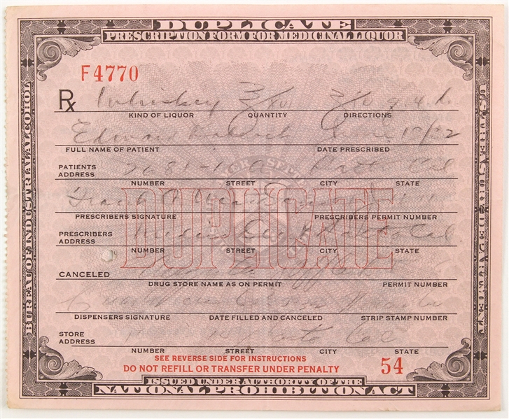 1931 Prohibition Whiskey Treasury Department Bureau of Industrial Alcohol Duplicate Prescription Form for Medicinal Liquor 