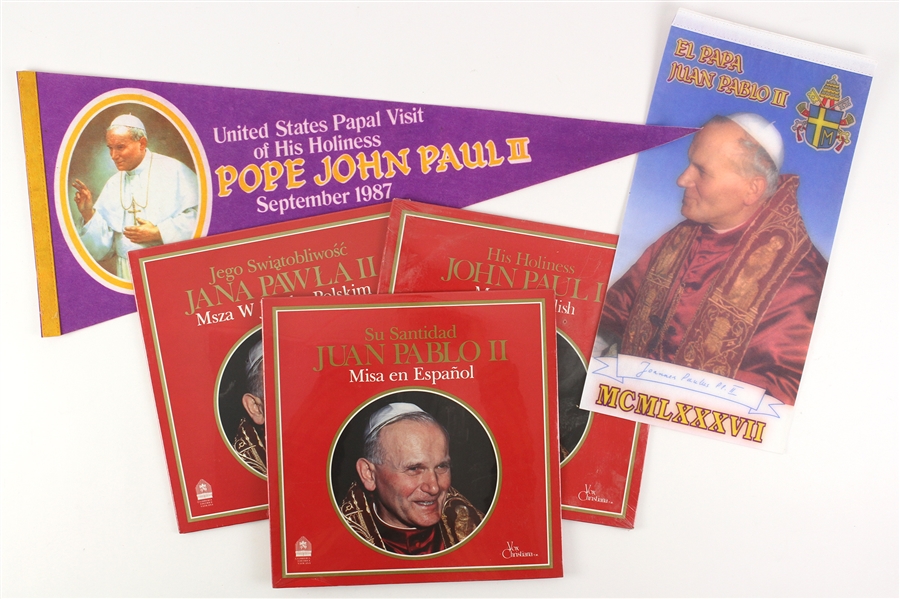 1970s - 1980s Pope John Paul II Pennant, Felt Banner, and Mass Recordings (Lot of 5)
