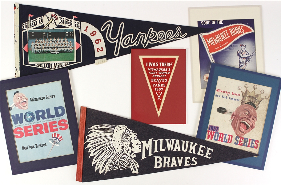 1950s – 1960s Milwaukee Braves and New York Yankees Pennants, Program Covers, and more (Lot of 9)
