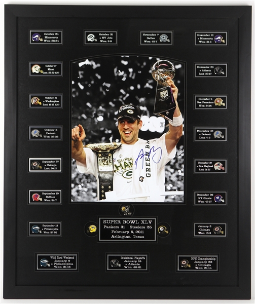 2000s Aaron Rodgers Green Bay Packers Signed 33" x 39" Framed Photo and Football Pins (JSA)