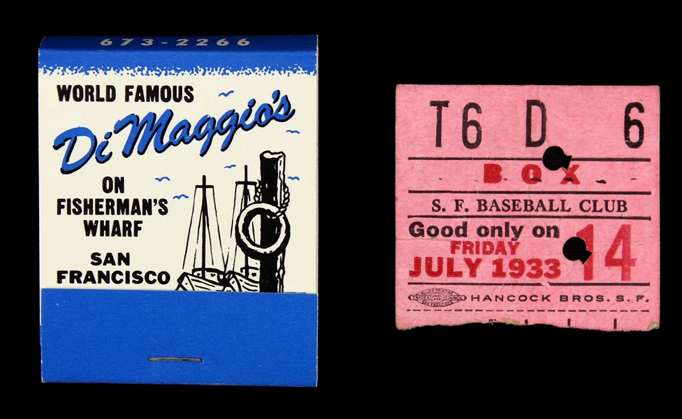 1933 San Francisco Seals PCL Ticket Stub & DiMaggios Restaurant Matchbook 