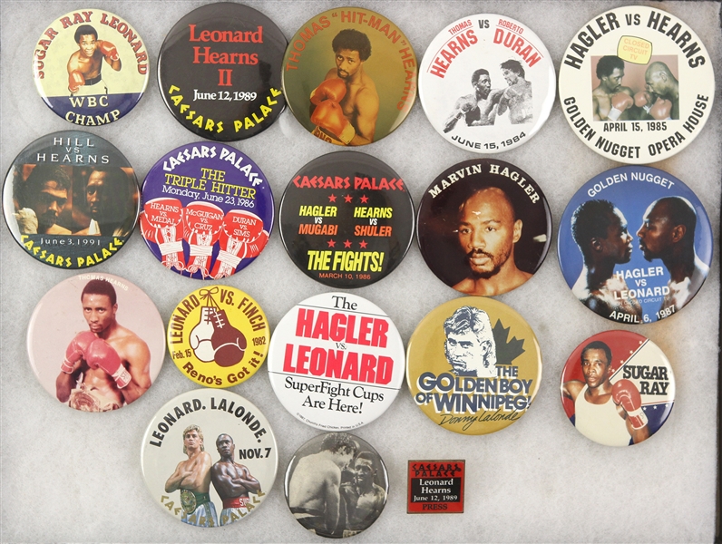 1980s-90s Boxing Pinback Button Collection - Lot of 18 w/ Sugar Ray Leonard, Thomas Hearns, Marvin Hagler, Donny LaLonde & More