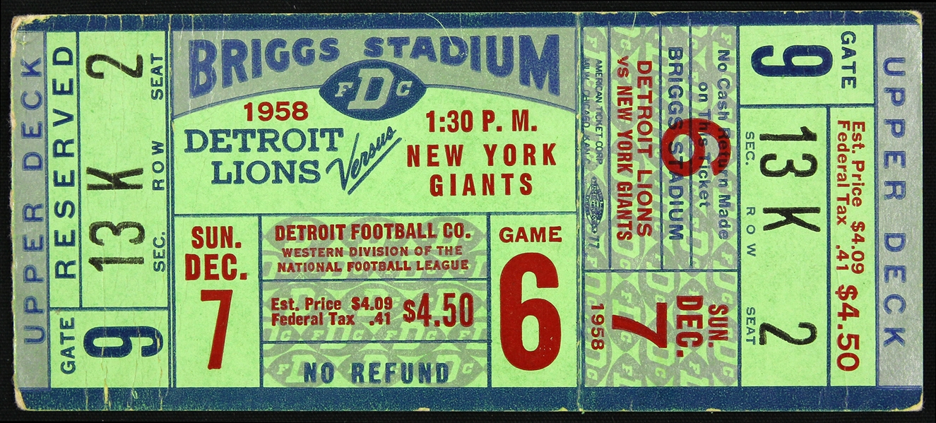1958 Detroit Lions vs New York Giants Ticket Stub