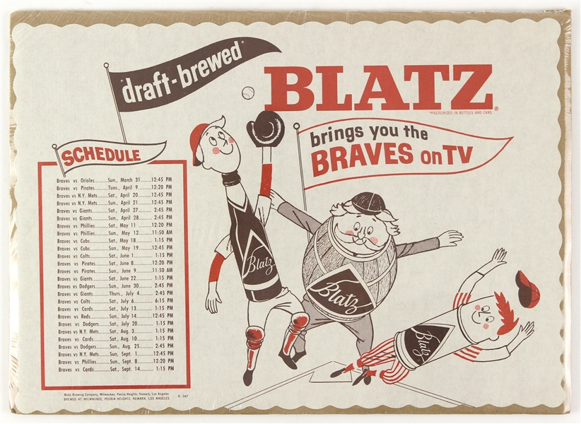1963 Blatz Beer Advertising Place Mat with Milwaukee Braves TV Schedule 