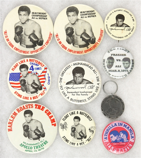 1970’s-1980’s Muhammad Ali Pinback Button Various Sizes and Keychain (Lot of 10)