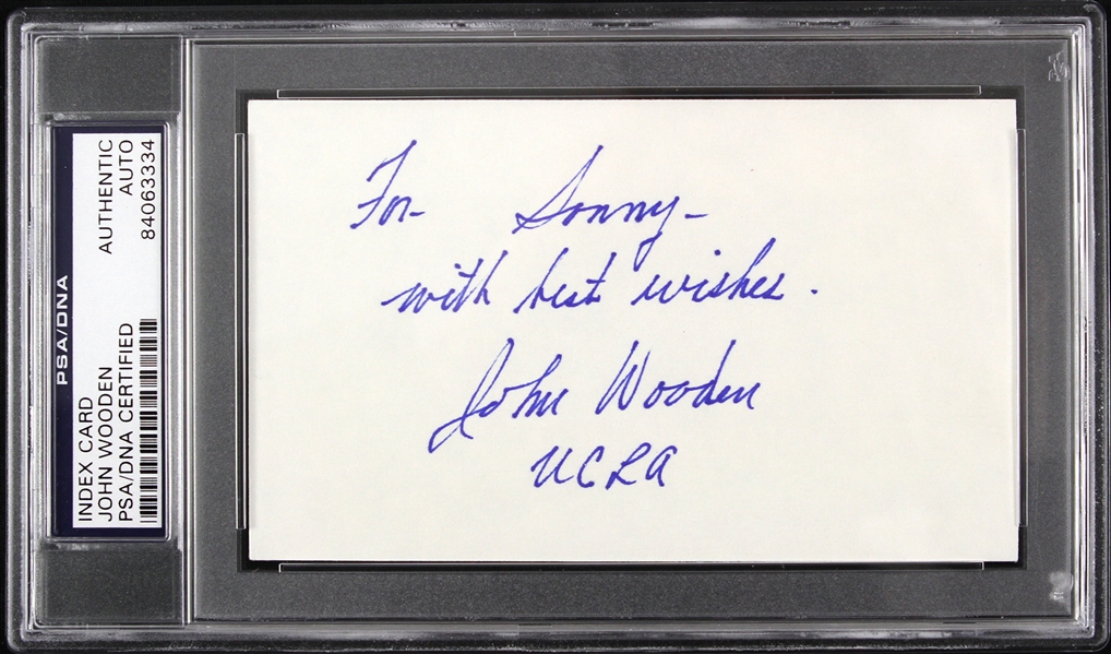 John Wooden UCLA Legendary Coach Autographed Slabbed Index Card (PSA/DNA Certified)