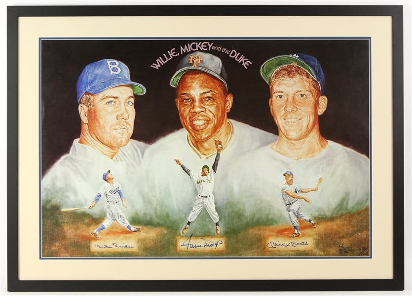 1983 Mickey Mantle Willie Mays Duke Snider Signed 30" x 42" Framed "Willie, Mickey & The Duke" Lithograph (JSA) 256/1603
